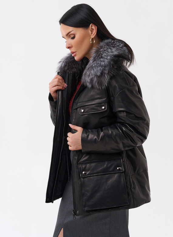 Кожаный пуховик с мехом