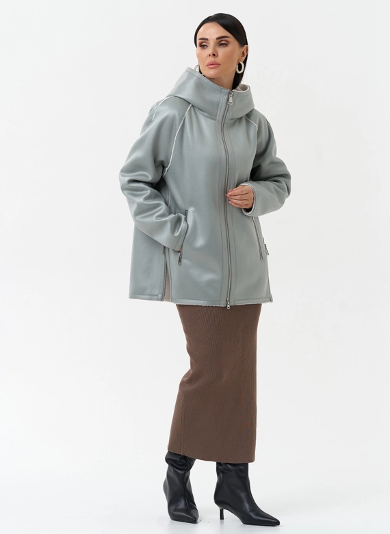 Женская дубленка из эко замши с капюшоном