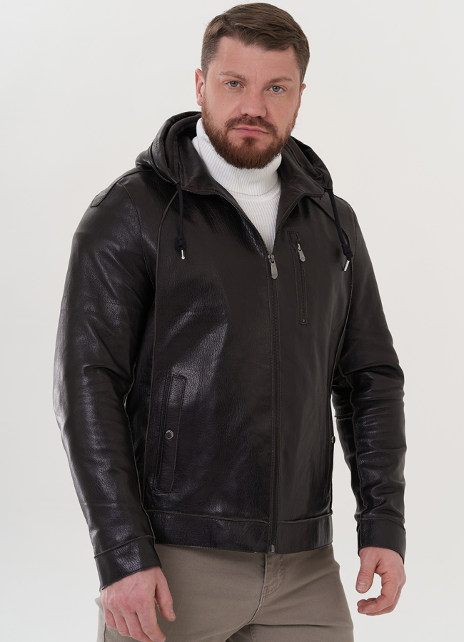 фото Мужская кожаная куртка с капюшоном модель № 24388