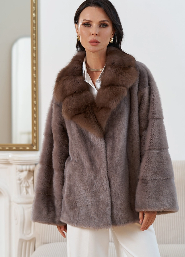 Куртка из меха норки с английским воротником из меха куницы модель № 30681 меха малина