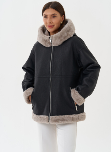 Женская эко дубленка с капюшоном