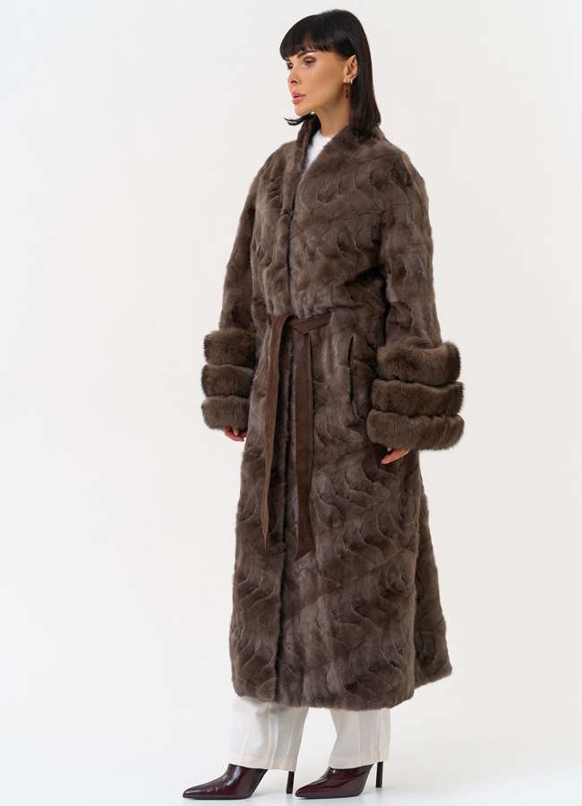 Женская шуба из меха норки с поясом модель № 31489 универмаг малина