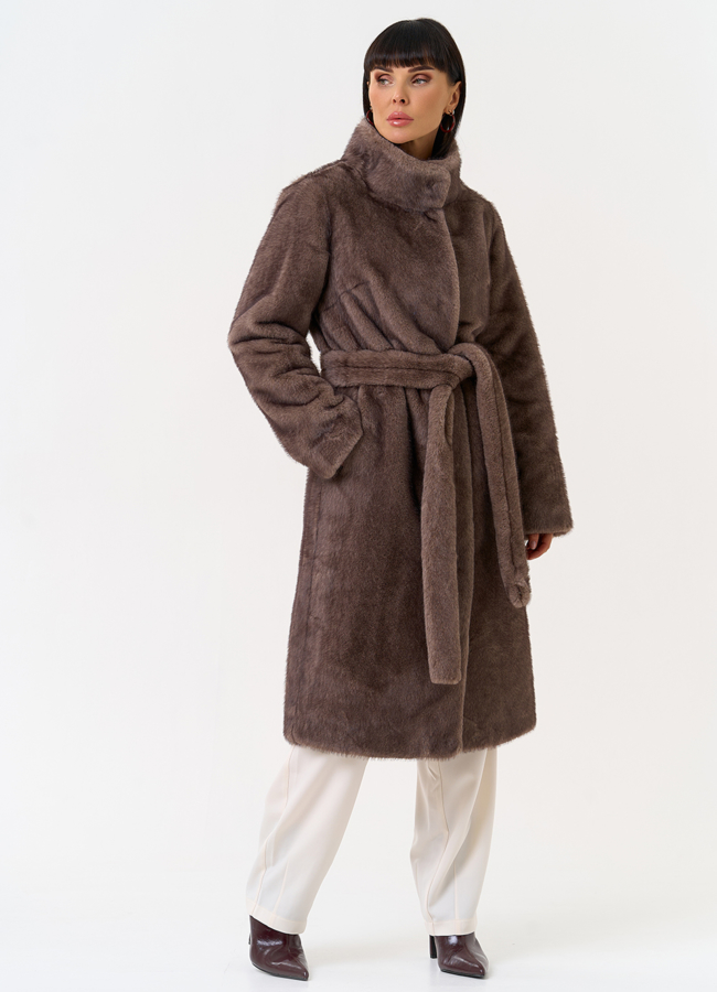 Женская шуба из эко меха с воротником стойкой модель № 31256 меха малина