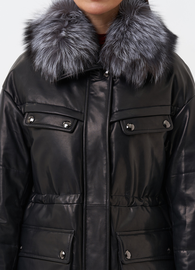 Кожаный пуховик с мехом модель № 29405 в рассрочку