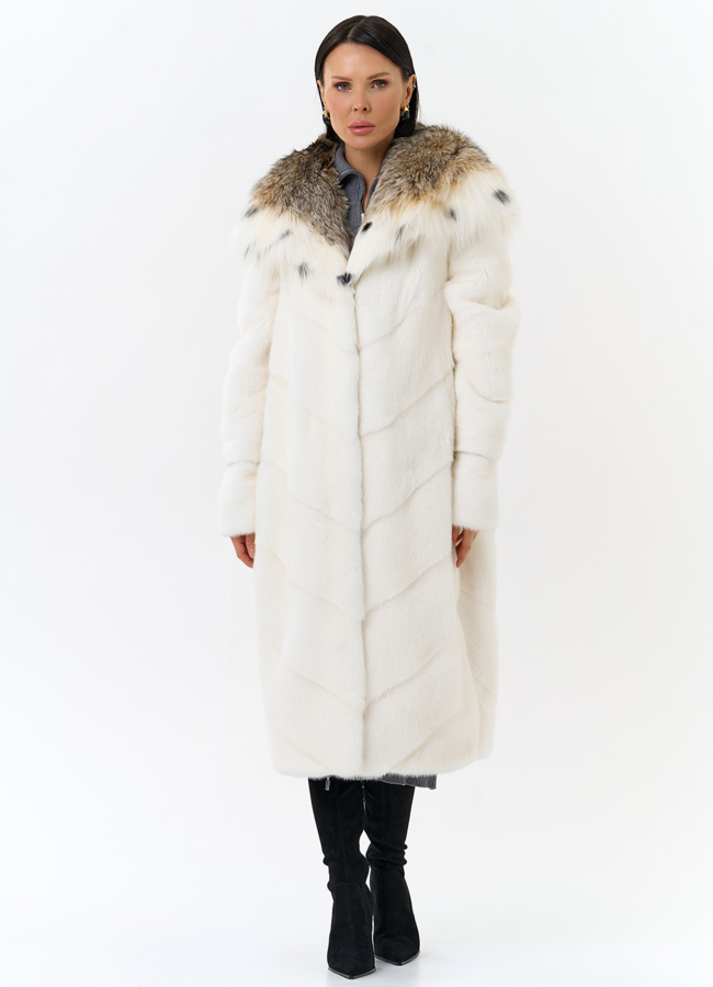 Белая шуба из норки с рысью модель № 25277 в рассрочку
