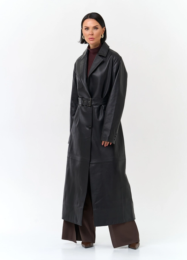 Женский длинный плащ из натуральной кожи модель № 32902 универмаг малина