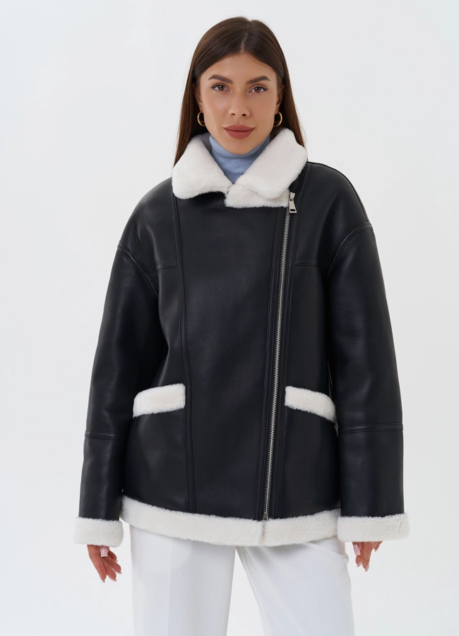 Дубленка из эко кожи черного цвета с черным эко мехом модель № 27693 универмаг малина