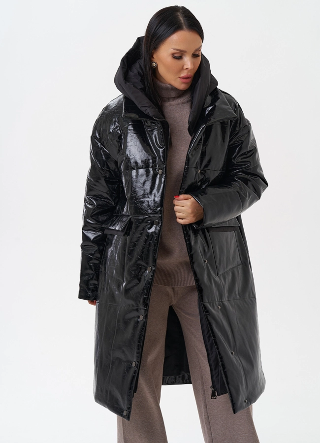Женский пуховик из эко кожи с капюшоном модель № 28686 меха малина