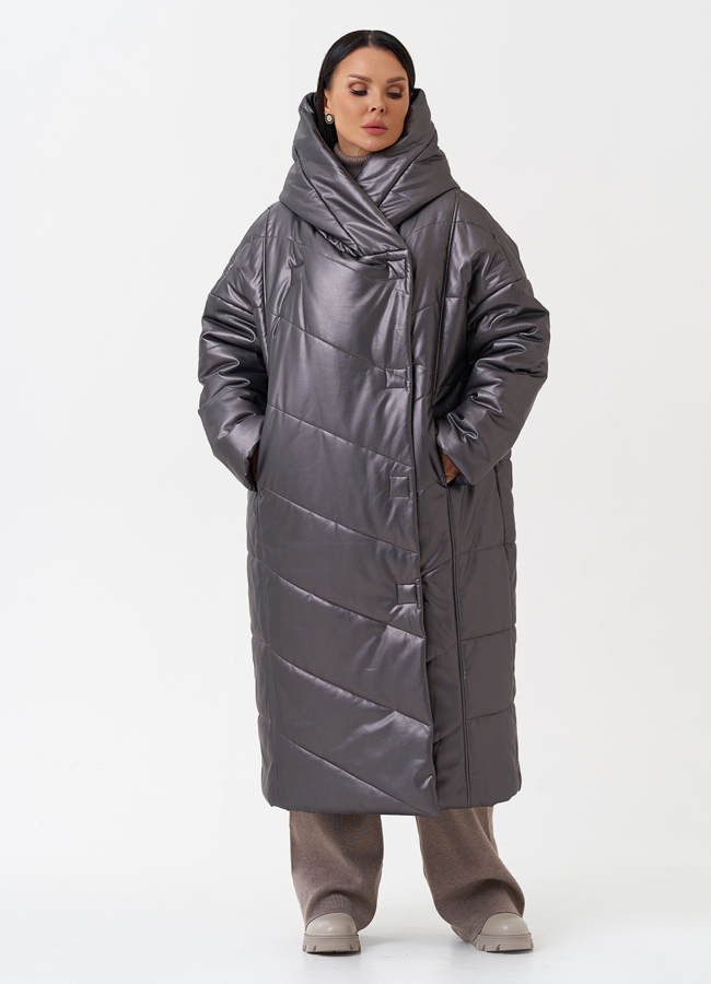 Пуховик из эко кожи с капюшоном модель № 27716 универмаг малина
