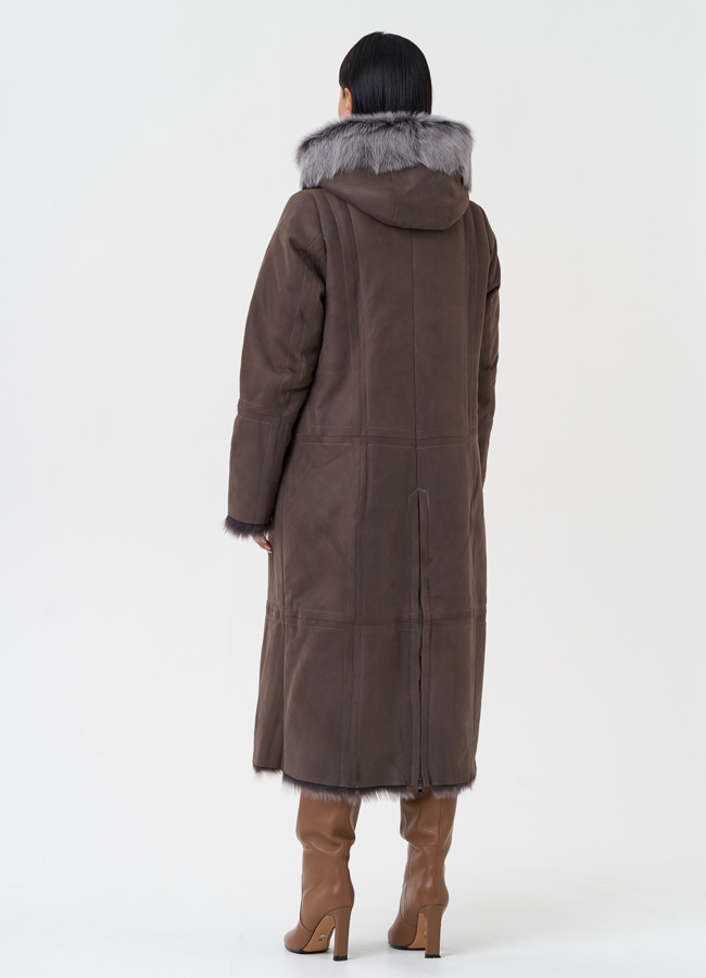 Дубленка с отделкой из тосканы с капюшоном модель № 28954 универмаг малина