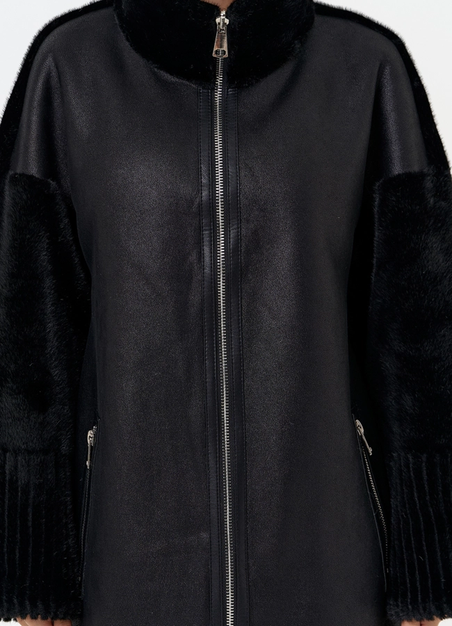 Женская двухсторонняя дубленка из эко замши с воротником стойкой модель № 31412 универмаг малина