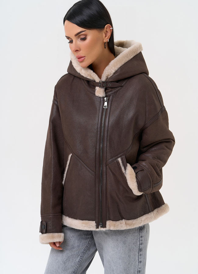 Натуральная дубленка с капюшоном модель № 31358 универмаг малина