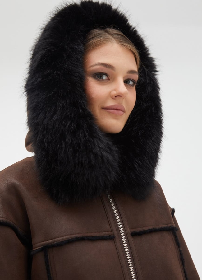 Женская дубленка из эко кожи с капюшоном модель № 32021 универмаг малина