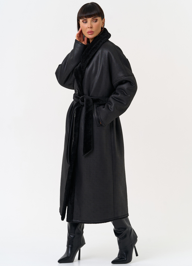 Женская двухсторонняя дубленка из эко замши с воротником шаль модель № 31506 в рассрочку