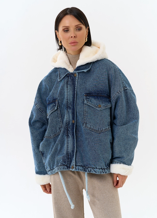 Женская утепленная джинсовая куртка с отделкой из эко меха модель № 31912 универмаг малина
