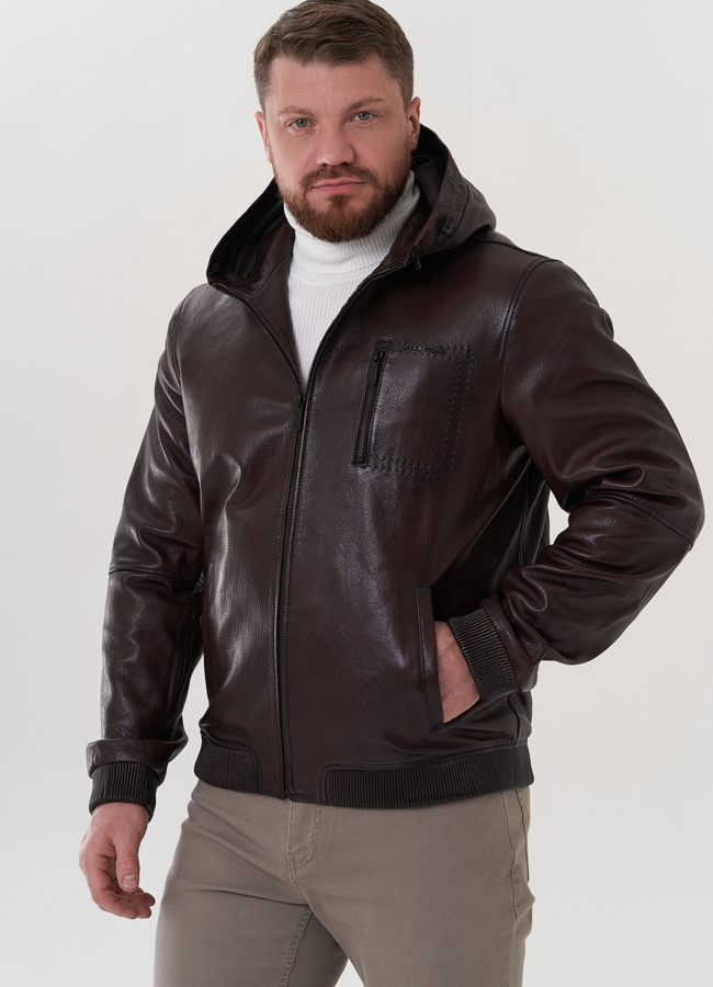 Куртка с капюшоном из натуральной кожи модель № 26704 в кредит