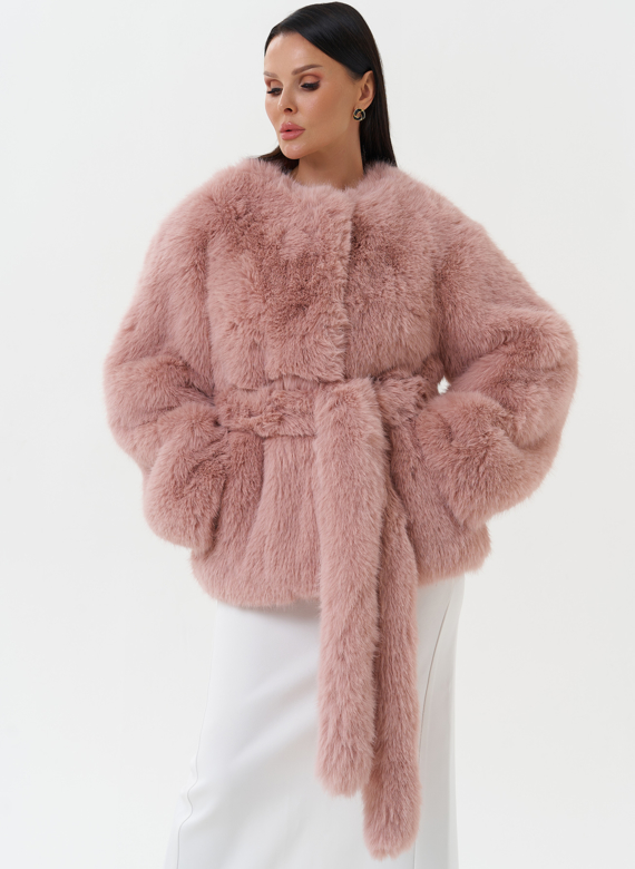 Шуба из эко песца в нежно-розовом цвете