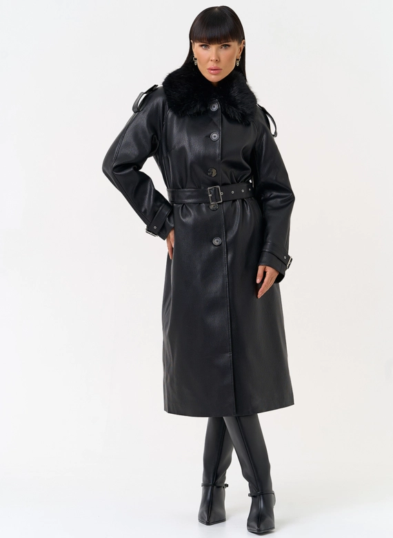 Женское утепленное пальто из экокожи с воротником из эко меха фото